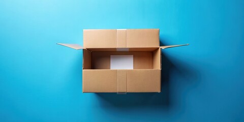 Single open cardboard box with signs and label on a blue background, perspective view, , package, shipping