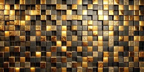 A wall of alternating metallic gold and black square tiles, each tile gleaming with subtle texture and highlights.