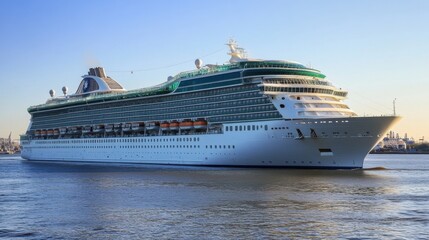 A large cruise ship sailing on calm waters under a clear sky.
