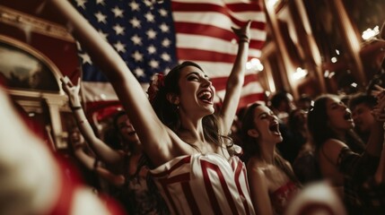 Obraz premium Woman in crowd. Cheering and smiling with arms raised. Large usa flag in background. confetti and streamers in the air.