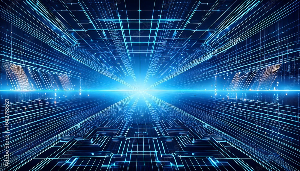 Poster Abstract digital technology background with glowing lines and a bright light in the center.