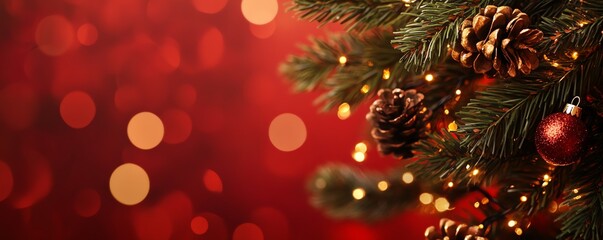 Obraz premium Christmas tree with pine cones and warm lights against a festive red background.