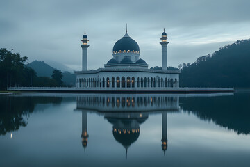 Obraz premium Mosque and its mirrored reflection in still water, showcasing perfect symmetry and serene beauty in nature
