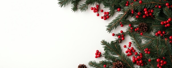Christmas-themed arrangement of pine branches, red berries, and pine cones on a white isolated background.