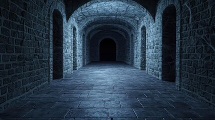 A dimly lit stone corridor with arched doorways, showcasing textured walls and a dark tunnel at the end, creating a mysterious and atmospheric setting.