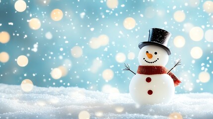 Snowman in a winter landscape, wearing a black hat and a red scarf against a snowy background with soft bokeh lights.