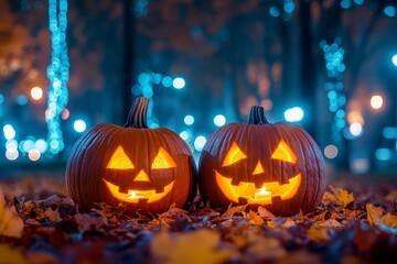 Naklejka premium Two carved pumpkins with glowing faces on the ground in an illuminated park at night, surrounded by autumn leaves and spooky orange and yellow lights.