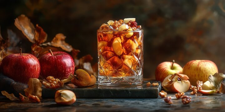a glass of apple cid with apples and leaves