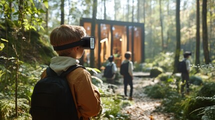Young boy wearing VR headset in a forest exploring a virtual reality experience