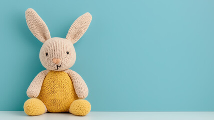 Obraz premium Adorable handmade bunny plush toy against a soft blue background for children's room decor