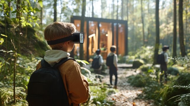 Young boy wearing VR headset in a forest exploring a virtual reality experience