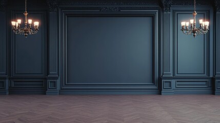 Elegant interior of a dark blue room featuring ornate chandeliers and a spacious wall perfect for artwork or displays.