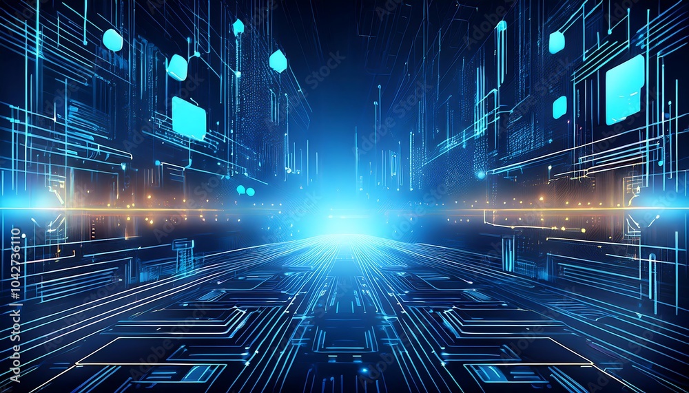 Poster Abstract digital background with glowing lines and squares, futuristic technology concept.