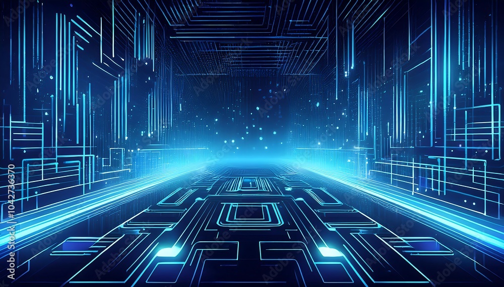 Poster abstract futuristic digital corridor with glowing blue lines and circuit board design.