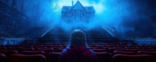 Mysterious figure in a dark theater gazes at an eerie, fog-shrouded house, evoking feelings of suspense and intrigue