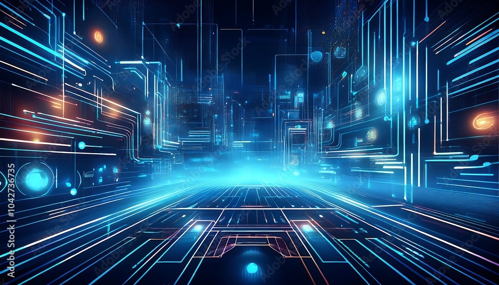 Aufkleber a digital cityscape with glowing lines and circuit board patterns in a futuristic cyberspace setting