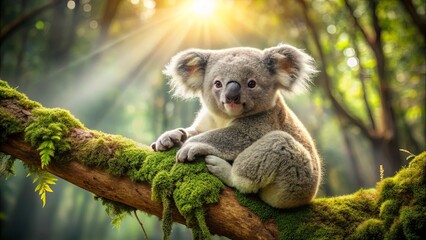 Obraz premium A fluffy koala cub rests on a mossy branch, bathed in the golden rays of the morning sun, creating a picture of tranquility and serenity in the lush forest.