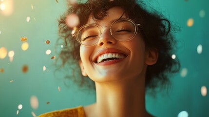 A woman beams with joy amid colorful confetti