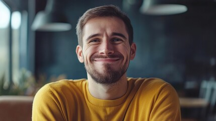 A man smiles broadly in a warm café
