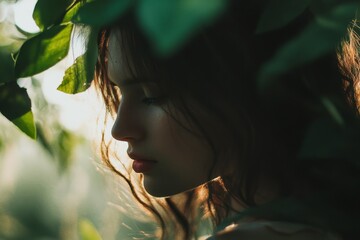 Fototapeta premium Woman ponders amidst lush greenery