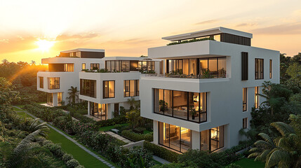 Fototapeta premium Elegant white apartment buildings surrounded by greenery and sunset views highlight modern living.