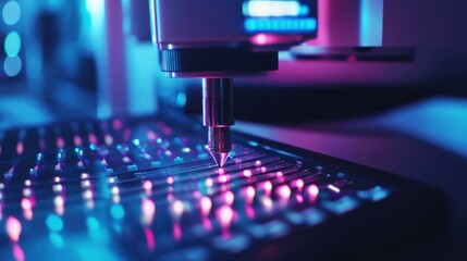 An extreme close-up of a DNA sequencing machine in a genetics research center, Scientific style, photo of