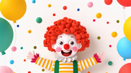 Fototapeta premium Happy Clown with Balloons: A cheerful clown with a big smile, surrounded by colorful balloons and confetti, creating a whimsical and festive atmosphere. 