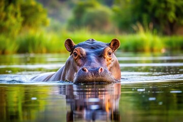 Fototapeta premium Hippopotamus swimming in river and diving