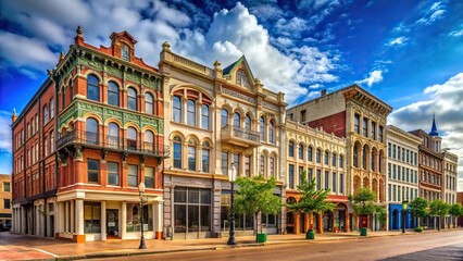 Historic downtown buildings in Shreveport, Louisiana featuring symmetrical architecture