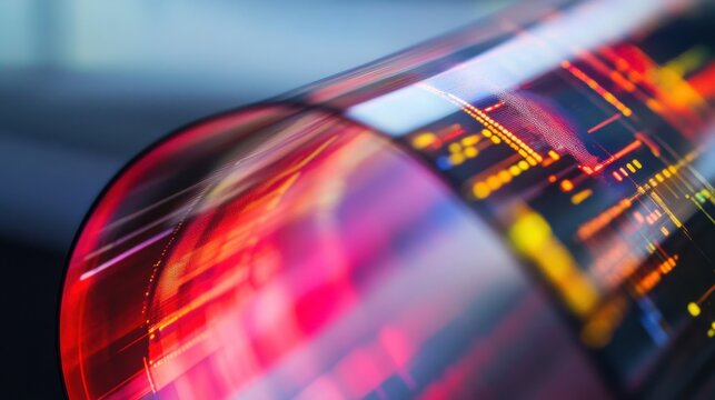 An extreme close-up of a flexible OLED display, demonstrating thin-film electronics and vivid visual quality, Flexible display technology style