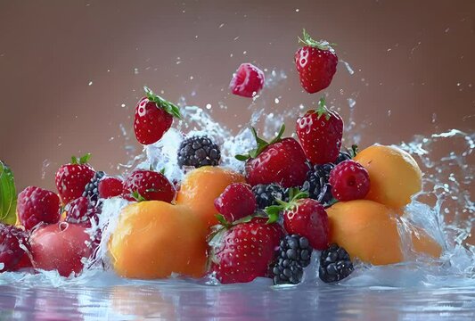 Fresh fruits splashing in water.