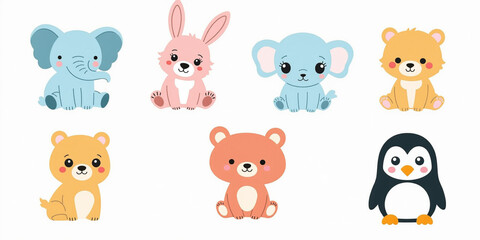 Fototapeta premium Cute Cartoon Animals Illustration Set Elephant Bunny Bear Penguin Baby Animals 