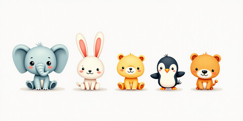Fototapeta premium Cute Cartoon Animals Set Elephant Rabbit Bear Penguin Lion Cub Illustration 