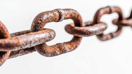 Obraz premium Close-up of rusty chain links against a plain white background, highlighting texture and age with ample negative space.