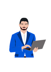 Businessman with a laptop 2D flat art illustrate on a blue background