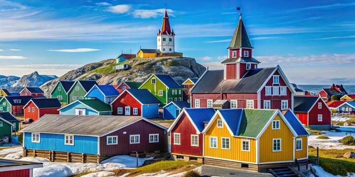 Historical cathedral and colorful houses in Nuuk Greenland