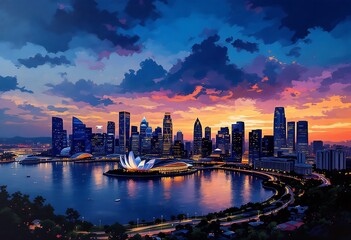 Fototapeta premium Cityscape sunset view of Bangkok modern office business building and high skyscraper in business district with infinity view swimming pool at Bangkok,Thailand. 