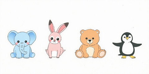 Obraz premium Cute Cartoon Animals Set Elephant Bunny Bear Penguin Illustration 