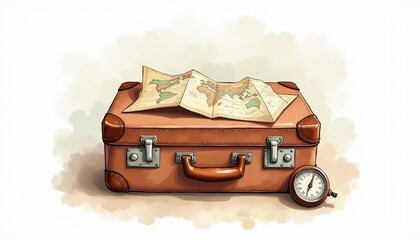 Vintage Travel Suitcase with World Map and Compass for Adventure