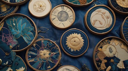 Colorful Embroidery Hoops on Fabric Surface