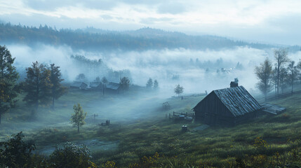 A dreamlike landscape of fog enveloping a secluded farmstead, creating a peaceful retreat.