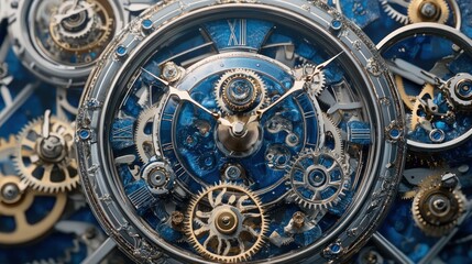 Obraz premium Intricate close-up of a blue mechanical watch showcasing gears and clockwork design.