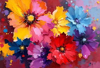 Oil painting spring flower background. Still life of yellow, pink, red gerbera bouquet in vase. Colorful flowers painting with light gray yellow background. Hand Painted floral Impressionist style
