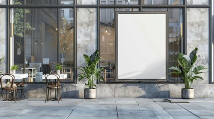 Modern storefront with empty signage, outdoor seating, and greenery