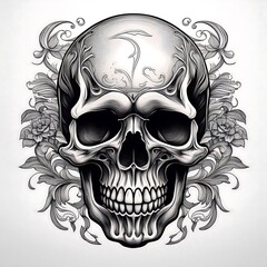 Obraz premium A detailed, realistic human skull with a toothy grin is surrounded by ornate floral and scrollwork designs.