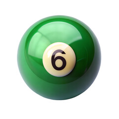 green billiard ball with number 6 top view isolated on transparent background