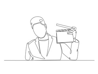 Continuous one line drawing of man holding clapper board. producer holding clapboard single line art vector illustration. Editable vector.