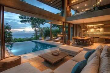 Obraz premium Modern living room with large windows overlooking a swimming pool and ocean view.