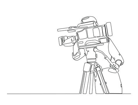 recommend clip art: Continuous one line drawing of man videographer holds camcorder. Cameramen or videographer single line art vector illustration. Editable vector.