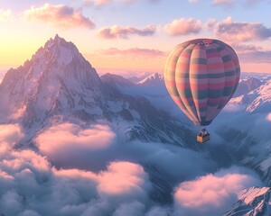 Fototapeta premium Colorful hot air balloon soaring above majestic mountains, surrounded by fluffy clouds during a serene sunset, evoking a sense of adventure and freedom.